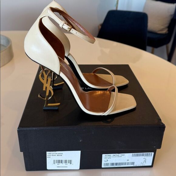 Saint Laurent Opyum YSL Logo Beige Gold High Heel Sandal Size EU 40 US 10 - Picture 2 of 11